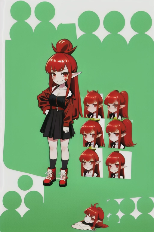 Red head goblin girl, green skin, pointy ears, cute, sexy, goblin
