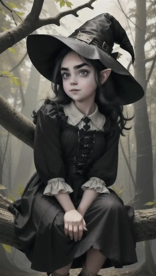 This is a little fairy sitting on a branch up in the air, she is laughing , her face is chubby, she has little and pointy nose and ears, her lips are full and thick, she has long black messy hair, long old pointy and patched up witch hat, her clothes are used and patched up as well, she has wide eyes that are totally black , thick eyebrows, she has a sweet and malicious facial expression,
Beautiful, extremely detailed, extremely realistic, natural light, ((full black eyes)), ((used and patched up clothes)),
