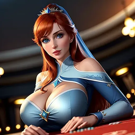 low angle shot, different clothing,
Anna in Las Vegas. playing cards in a casino.
innocent sweet, Anna of Arendelle 37 years old, Nordic, dressed in green attire, large natural round blue eyes, long auburn hair, sweet face, warm smile, soft curved eyebrows, smaller modest breasts.
Elsa of Arendelle 40, slightly taller than Anna. dressed in elegant blue clothing.
five fingers per hand, ultra realistic, unreal engine, reduced saturation, adult