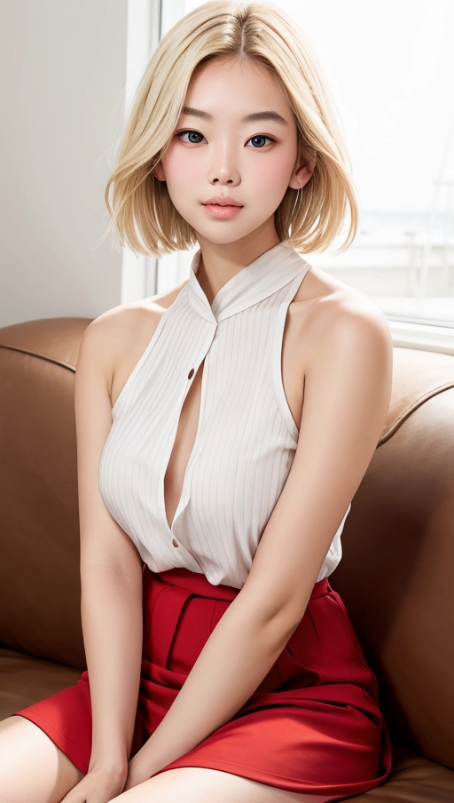 18yo, 140 cm, blonde, short straight hair, ((detailed face)), medium build, short face, square face, (wide face:1.2), <lora:dpmg_add_detail:0.3>, large eyes, (wide nose:1.3), (wide lips), thin upper lip, heart shaped lips, round chin,
thick arms,
full-length white sleeveless ribbed shirt, boat neckline, halter tied in back, straight short low-waist red summer skirt with white dots,
dressed casually,
sitting on sofa, looking to left,