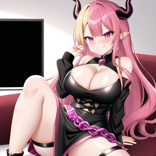 Dragin horns, Dragon girl, black dress, pink hair, multicolored hair, smug face, showing cleavage, pink eyes, living room background, teaser