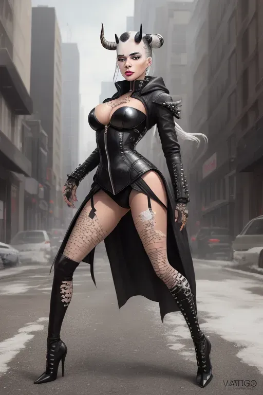 (photorealistic), (realistic), (best quality), (masterpiece), (pale colors), ((detailed facial features)), ((SFW)), ((an African black woman with horns with entire body covered)), ((anorexic skinny body)), ((huge heavy boobs)), ((plump bimbo lips)), ((small skinny butt)), ((thin skinny thighs)), realistic face, realistic eyes, anorexia, ((skin colored black and white spots)), ((black and white spots on skin)), (vitiligo skin), (outdoor setting), (white body paint), white body art, tan lines, matte skin, zebra pattern, cow pattern, piercing, wings, (multiple tattoos), metal jewelry, metal, spiked leather, chains, latex, goth, punk, fishnet, ornaments, cow print, zebra print, bimbo, white hair, ponytail hair, long hair, shaved head, bald head, ((full body covered)), (full body catsuit), shirt, bra, corset, bodysuit, long skirt, (leather pants), tights, leggings, long dress, (coat), (jacket), cape, spikes, armor, leather belts, high heels, 5 fingers on hands, 2 hands, 2 arms, 2 legs, 2 breasts, city background, ruins in the background, warzone in the background, night city in the background, winter forest at night in the background, insects, centipedes