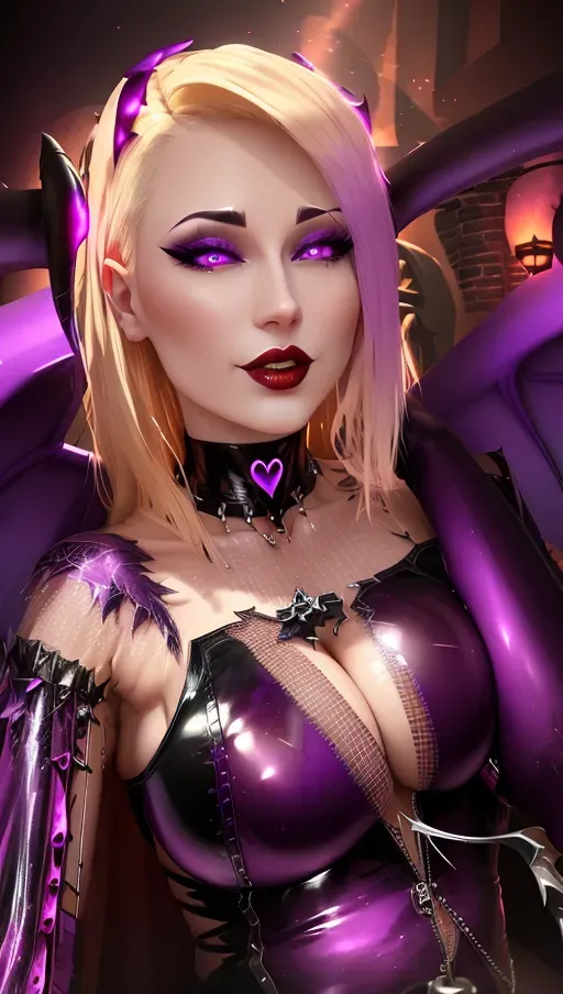 perfect boobs, perfect body, 20, seductive, succubus, charming, magic force, corrupted, corruption, demon wings, demon tail, latex, heart choker, heart necklace, purple heart nipple patches, heart, blonde hair