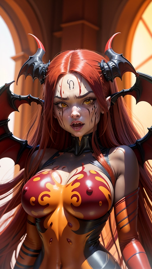 red and yellow female symbiote, ((hair-raising symbiote)), (red and yellow symbiote goo), (((burgundy red long hair with yellow strands))), ((red and yellow symbiote suit)), (yellow strands), (((((succubus symbiote goo face))))), (((((symbiote goo hair)))