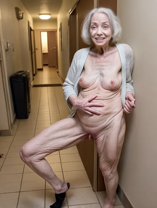 A naked elderly woman, saggy and hanging natural shaped breasts, middle aged female body shape, gets herself sexually excited in the hallway of our apartment building, by wearing only a tiny outfit and playing with her exposed vagina so that everyone can watch her