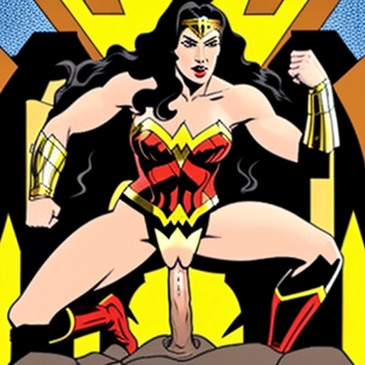 a graphic illustration of Wonder Woman on her knees ((sucking the huge cock)) of an ancient warrior