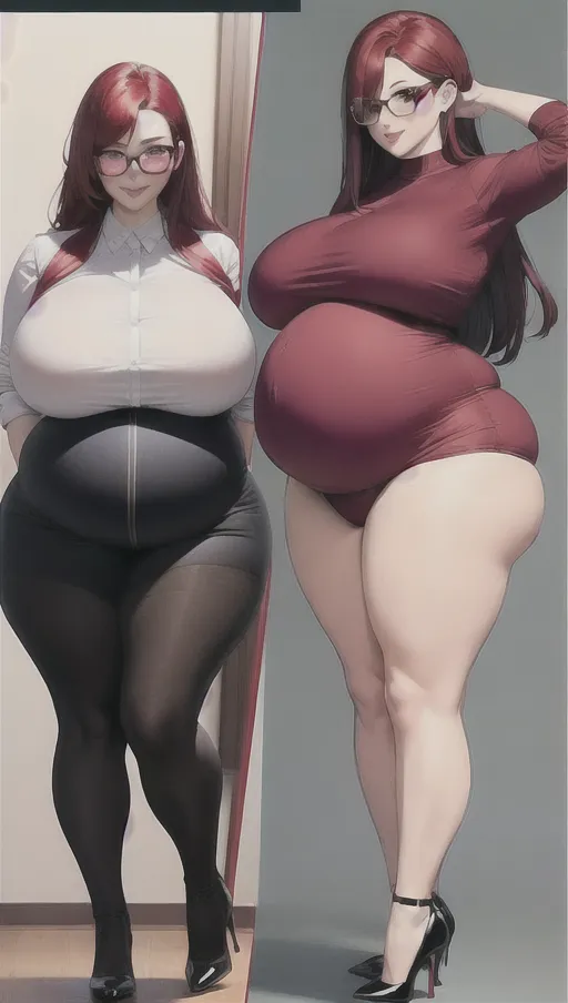 Dark red hair, sexy glasses,Sexy women,
sexy teacher, classroom background ,big boobs,pregnant gigantic belly,fat belly and fat boobs,weight gain, weight gain big belly, gigantic fat belly,fat belly ,huge pumped up belly, nylon Socks, black high heels boots, nude boobs, ((( a huge massive belly 2 times the size of the person))), ((before and after weight gain)) ,<lora:dpmg_pov_Big_fat_belly:1> ,