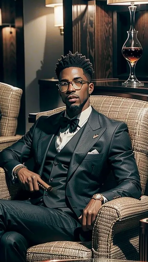 (A group of African American men in 3 piece suits sitting in a cigar lounge smoking cigars) 1 black man sitting with legs crossed smoking a cigar, 1 black man holding a whiskey glass, Hyperrealistic, concept art, full body, intricately detailed, color depth, dramatic, side light, 64 megapixel, detailed, contrasting, sharp, Unreal Engine 5, a masterpiece, 64K, UHD
highly detailed,sharp focus,film style,natural lighting