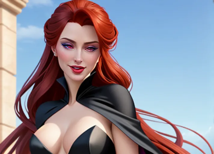 low angle dressed in elegant black silk dress with plunging neckline and cape, a pair of red marks on the side of her neck, Beautiful sultry auburn haired pale creamy complexion vampire Queen Anna of Arendelle a toothy smile as she runs her tongue across her upper teeth and pair of long vampire fangs, as with her hypnotic eyes glowing bright red, she hypnotizes her platinum haired sister, Elsa dressed innocently in white. photorealistic.