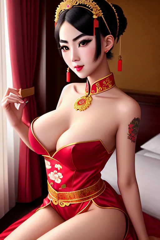 a illustration of,a bitcoin girl,wearing chinese costume,in a hotel room,small breasts,five slender fingers,short hair,beautiful face,beautiful lips,detailed large eyes,curved eyebrows,curved eyelid,pale skin,romantic,tattoo,ultra realistic,smooth,pixiv,8k,surreal