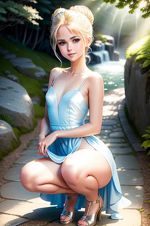 Selena Gomez as a Disney princess, slender,skinny, blonde hair up in a bun, sexy blue eyes, soft cheeks, naked breasts, full lips, happy smile, curvy, small breasts, thin waist, full ass, half naked, pink dress, wind blowing dress, fucking, pussy, aroused, pink butt plug, cum dripping, squatting,facing the camera, looking at the camera