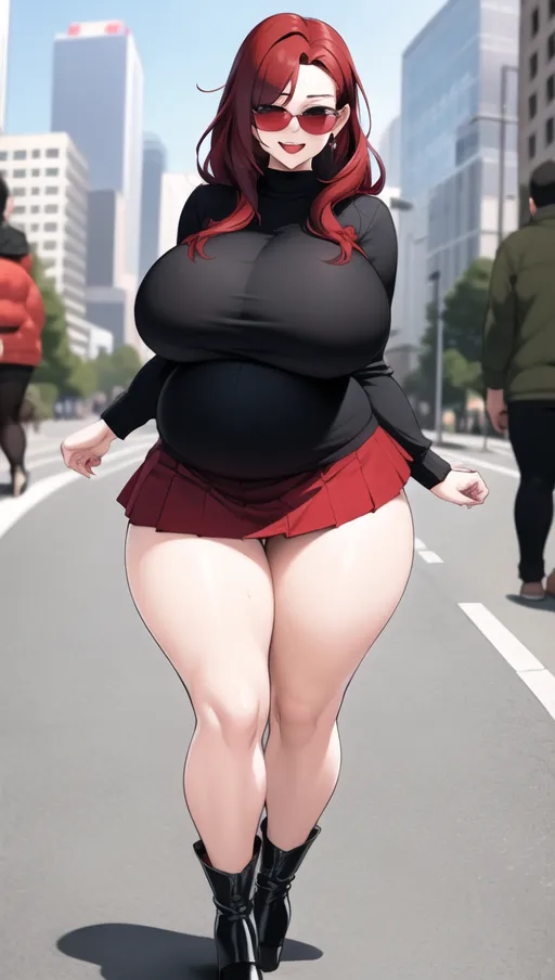 Dark red hair, sexy glasses,Sexy women ,big boobs,pregnant gigantic belly,fat belly and fat boobs,weight gain, gigantic fat belly,fat belly ,huge pumped up belly, black mini skirt, black high heels boots,sex,nude boobs, in a city, people mass, <lora:dpmg_pov_Big_fat_belly:1>,<lora:dpmg_snake_coiling:1>
