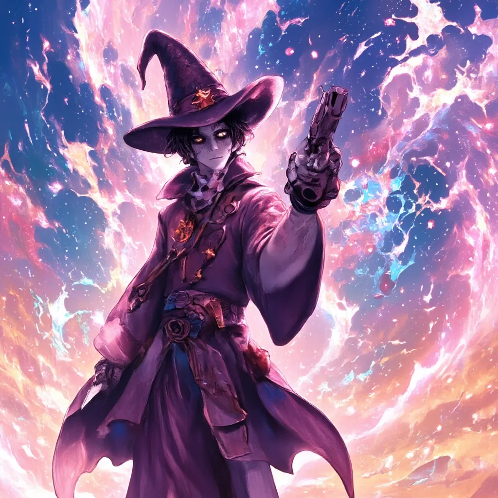 , solo, male gunslinger , spaceman cowboy, star shaped eyes, powdered white makeup skin tone, starry eyes, stars in his eyes, space eyes cosmos, holding detailed laser revolver ,wearing wizard clothing, apprentice wizard , starlord, marvel, spike, cowboy bebop, young bounty hunter, bandoleer equipped, black hair , black colored short length curly hairstyle , star emblem , half alien, big wizard hat, blade runner , battle mage, agent of magic, bag full of potions, potions on belt , herbalist, mage, 1 male only, wizard jacket on, discovering the mystery of magic, magic in left hand , black short disney prince handsome curly hair, alien antenna on head, fully clothed , half shadow, half light, posh, , well groomed, weaver of dark and light energy power, wizard jacket, bardic loops rings ears , solo , black and white checkered scarf around neck, humanoid, cute look in eyes, masterpiece , final fantasy art style ,cute look in eyes, masterpiece , background in desert wasteland, anime art style