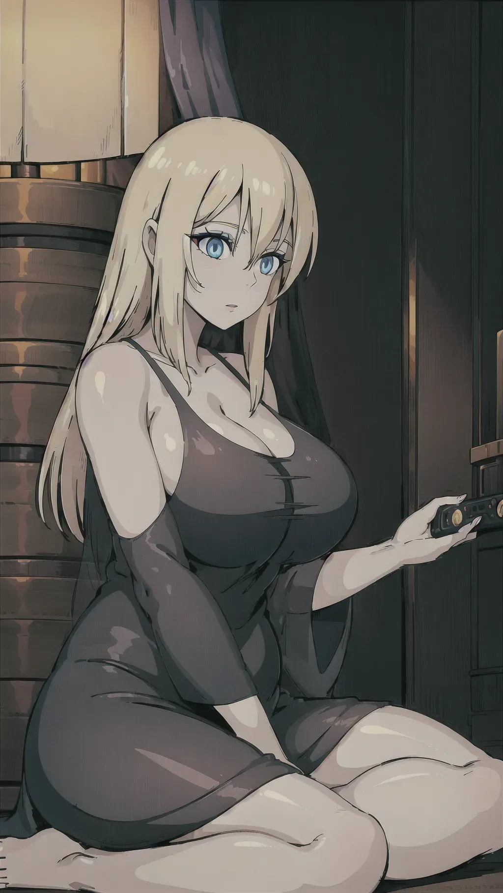 Blonde hair goth girl with big boobs sitting indian style playing a video game, see through nightgown, blue eyes, gorgeous face, smooth skin, <lora:dpmg_ghibli_style:1>