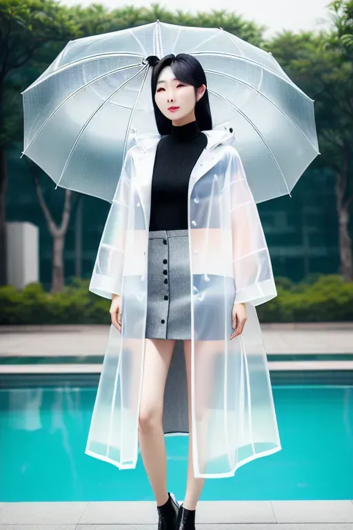 medium shot, 20 year old, a Korean girl, fit, transparent raincoat, white, pool, day time, studio light, happy, 8k, professional