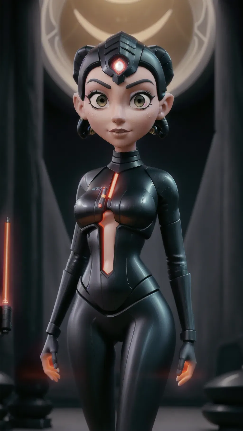 a photograph of, a female sexy Sith, twilek, alien skin color, full body, wearing black futuristic armor without helmet, holding darth vaders red lightsaber in her right hand, in a dark temple, with glowing orange iris five slender fingers, beautiful lips, curved eyebrows, curved eyelid, beautiful eyes, professional, ultra realistic,