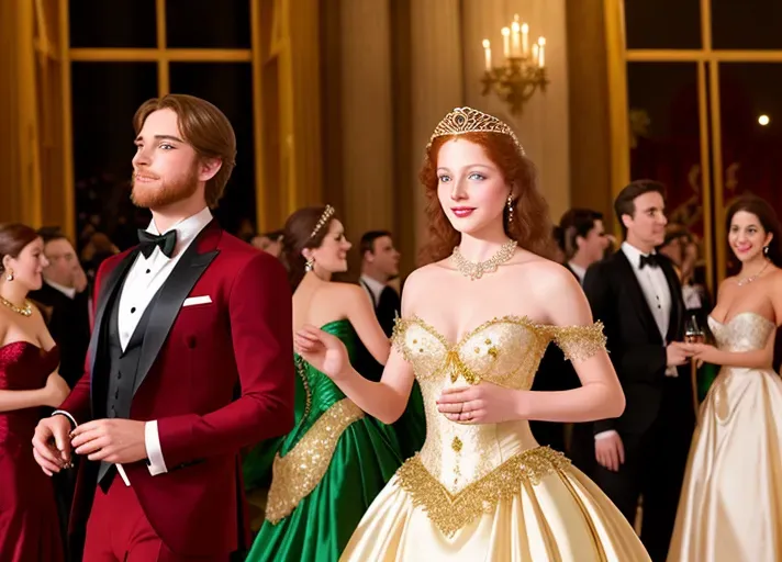 amidst the revelry of a grand late eighteen hundreds masquerade ball, where everyone is wearing ornate masks, a clumsy servant trips spilling red wine on beautiful, auburn haired, round wide blue eyes sexy Queen Anna of Arendelle wearing a satin, pearl and gold mask, and a pristine brilliant white heirloom ball gown. An opportunistic Marquies De Sade looking on. photorealistic. High resolution
