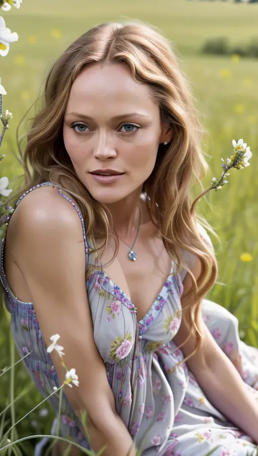 8k High resolution photorealistic photography of a french woman, vanessa paradis, sitting in a meadow, leaning on a lonely tree, small breasts,
wearing a flowered summer dress, realistic hair, detailed hair, high resolution hair,
realistic skin, detailed skin, high resolution skin, detailed eyes,
high quality, masterpiece, romantic,