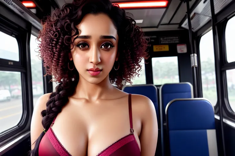 a photograph of,shraddha kapoor,wearing stockings,standing,in the bus,natural breasts,five slender fingers,curly hair,gorgeous face,beautiful lips,detailed large eyes,curved eyebrows,satisfaction,tattoo,studio lighting,pixiv,smooth,ultra realistic,sharp focus