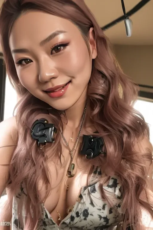Transgender, naked, Asian, 34C breasts, bdsm collar, wearing male chastity device