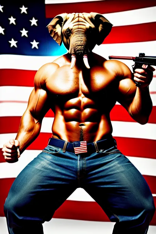 Elephant with abs whipping bulldog shooting guns fireworks American flag beer