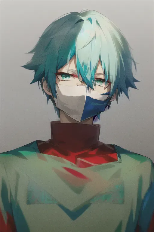 boy, short white hair with blue ends dyed, (((wears a red long sleeved shirt))), (((green eyes))), in black mask on face