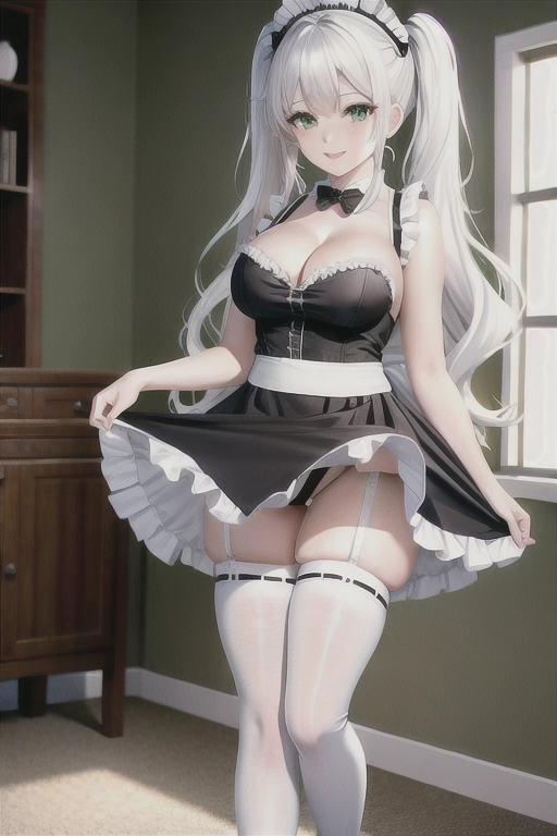 8k quality, green eyes, pale white skin, white hair, giant breasts, cleavage, looking at viewer, pov, long hair, wavy hair, full body photo, standing in living room, smiling, pigtails, black maid uniform, miniskirt, high heels, thigh high boots