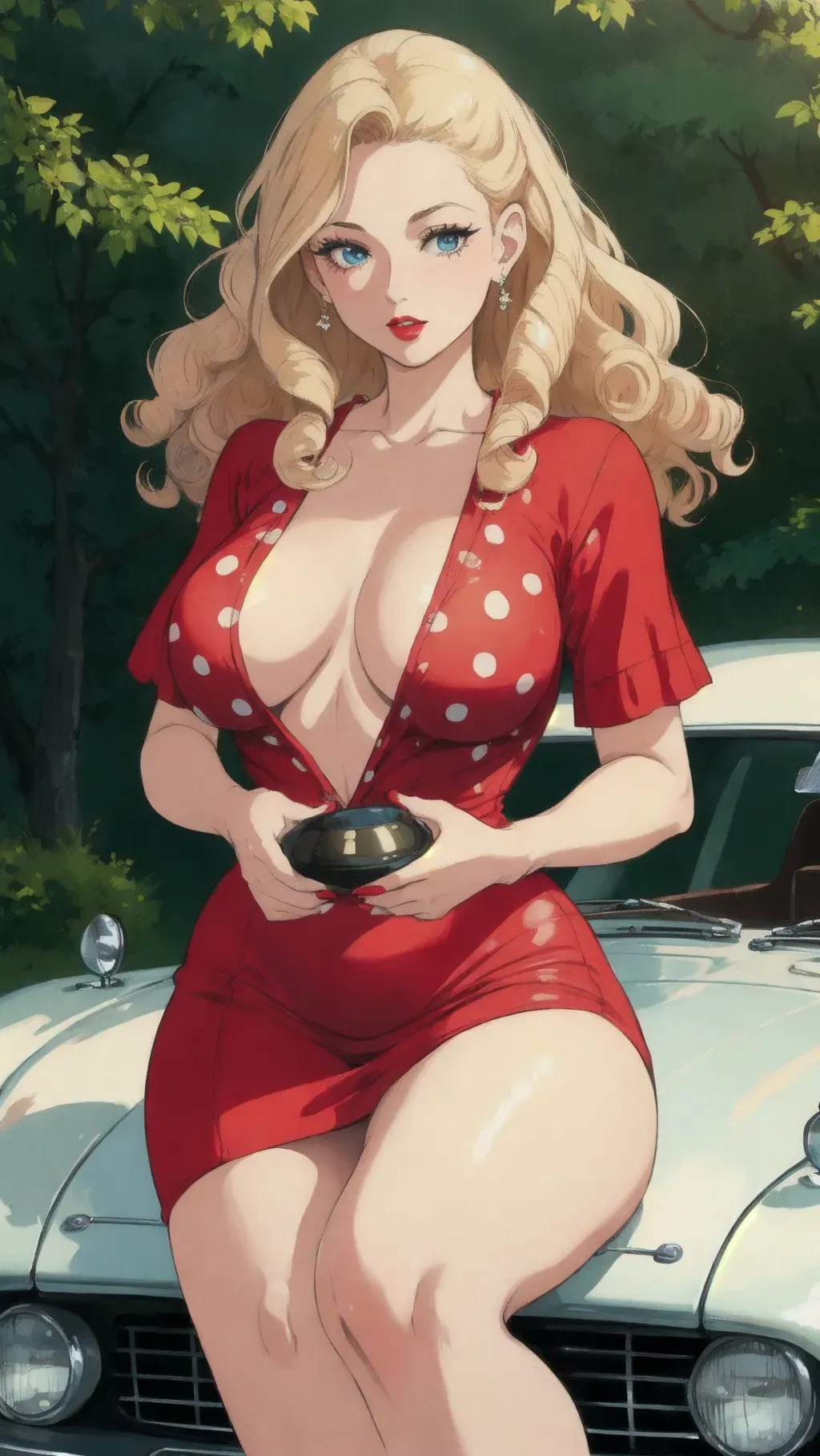nsfw, (masterpiece), smooth, soft lines, soft edges, perfect edges, ultra realistic, perfect anatomy, (soft lighting), (soft white glow), absurdres, perfect edges, (soft lighting), (soft white glow),
beautiful woman with blonde hair, (curly perm hair), hair with great details, deep blue eyes, deep eyes, long lashes, pale black eyeshadow, perfect eyes,
((surprised)), red lips, red fingernails,
polka dot dress,
(large breasts), curvy,
next to a 1950s car, in the park, 50s pinup, pinup,