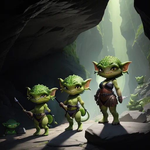 8k, a close group of 3 goblin females with green aligator skin in a prehistoric age, standing in a cave, small curvy monsters, perfect stone flooring, perfect sexy faces, perfect female anatomy and perfect anatomic 8k details,