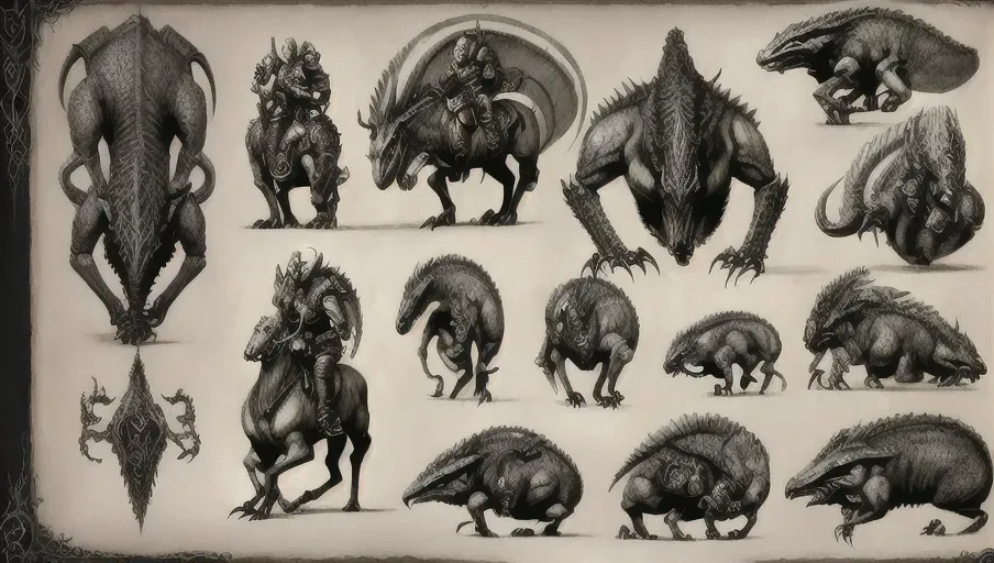 ((8k, high detail, ultra-crisp, high resolution)) character design sheet from artist Edward binkley of a monster riding a creature . ((Medieval bestiary art)) (((multiple arms from Diablo game bestiary art))) realistic animal anatomy (create creatures with multiple eyes of the otherworldly kind)