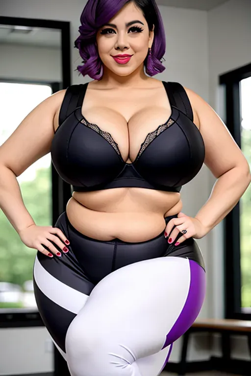 Best quality, sfw, Diandra Ortiz, short girl, twenties, large breasts, black hair, short hair, chubby Latina, BBW, half Latina half white, wide hips, fluffy black hair, no bangs black hair, leggings, sports bra, purple and black clothes, cleavage window mesh, BBW Latina wants your cock before going to the gym, outside, hand on hip,