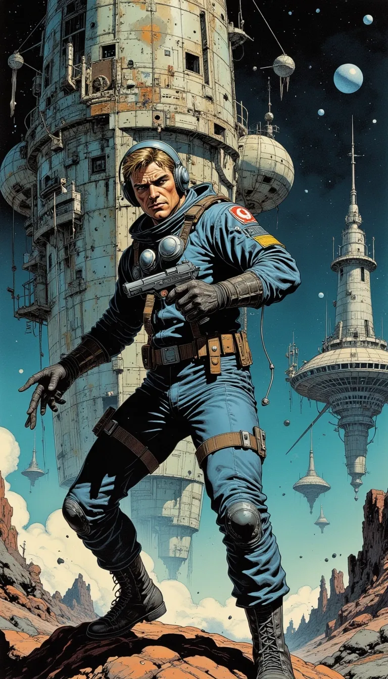 comic book art, a handsome male astronaut wearing sleek modern spacesuit holding a retro laser pistol on (A massive, ancient spaceship floating derelict in deep space.), retro sci-fi style, dynamic lighting, digital art, cinematic shot, fantastically beautiful, illustration, aesthetically inspired by classic sci-fi movies, by Paul Lehr by Jon Whitcomb, samdoesart, dreamlikeart.