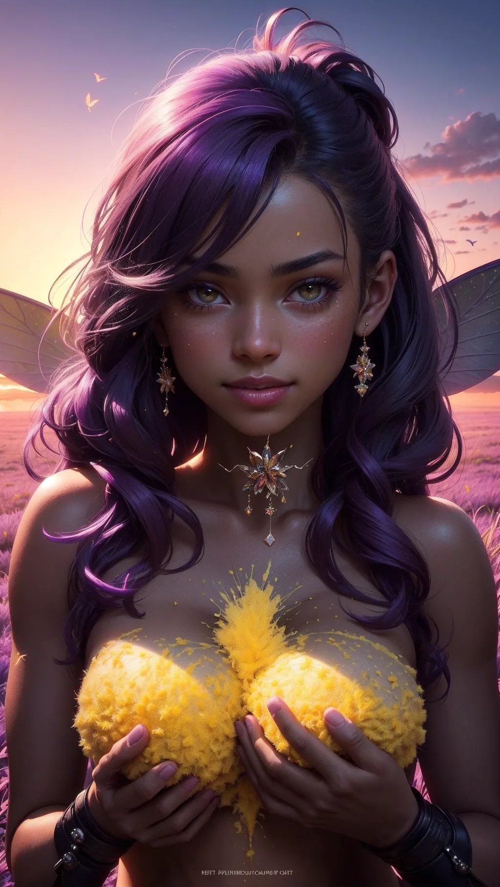 1 hot (((thumb sized))) (fairy) (20 years old) (((naked))) is throwing pollen powder up in the air (((in a meadow))) at sunrise, she has a ((smile)), she has (((multiple yellow pollen powder stains))), she has (((black skin))), (nude), (perfect face), beautiful lips, ((perky f-cup breast)), beautiful eyes, (long messy ((purple)) hair), (((fairy wings))),
dream atmosphere, ((sunrise light)), highly detailed, (cinematic lighting), ((cinematic composition)), five fingers per hand, 8k, vivid colours, HDR, digital professional photography