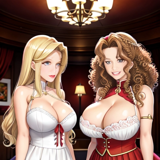 ((Blonde Busty Samantha)) and ((Brunette brownhaired curly haired Maria))
arguing over who has the best tits