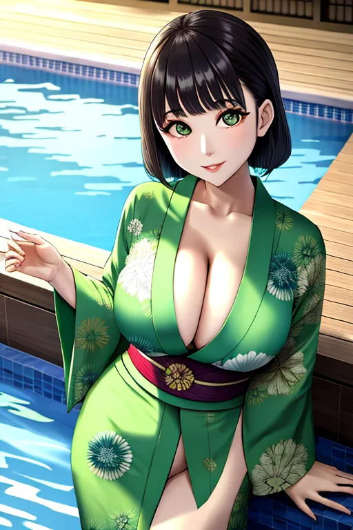Green kimono, poolside, young Japanese girl, big eyes, big tits