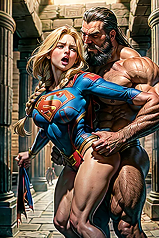 1 Supergirl, ((torn costume, naked breats)),1 giant muscular (((man with long dark braided hair and large beard))), sexy, ((34j breasts:1.2)), in the style of Conan the Barbarian, in the style of Frank Frazetta,
(((In an ancient dark temple))), giant snake,
(Supergirls mouth open orgasm), low light, voluptuous, very sexy, wide hips, wide waist, slim thighs, toned calves, creampie,
(Supergirl being fucked by 1 giant muscular man:1.5), (1 giant muscular man fucking her:1.5),
((sex from behind)), ((dpmg_side_doggy_v1)), pov from a low angle, (best quality), <lora:dpmg_add_detail:0.5>, beautiful, (high resolution), (masterpiece), (uhd), (8k)