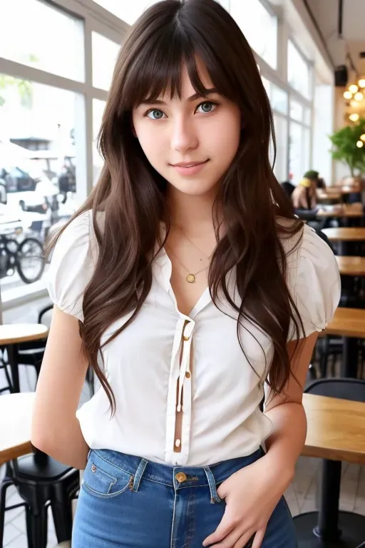 18yo French Russian Japanese girl, brunette, cute, blouse, black jeans, beautiful face, beautiful body, at a Cafe, photorealistic, skin texture, blue eyes, beautiful hair, wide hips, thigh gap, medium breasts