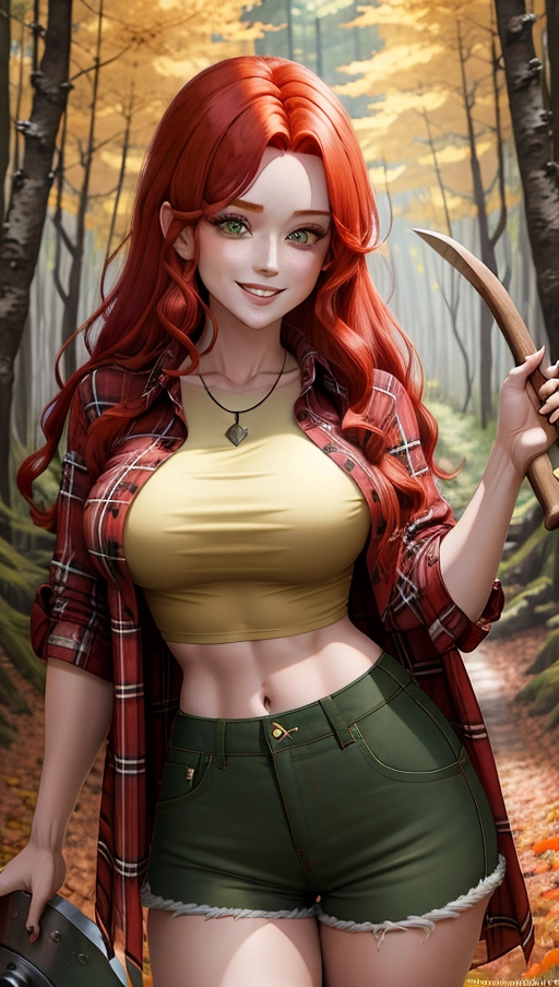 red hair flannel shirt midriff exposed large breasts
short shorts daisy dukes outside in woods sultry smile holding ax green eyes