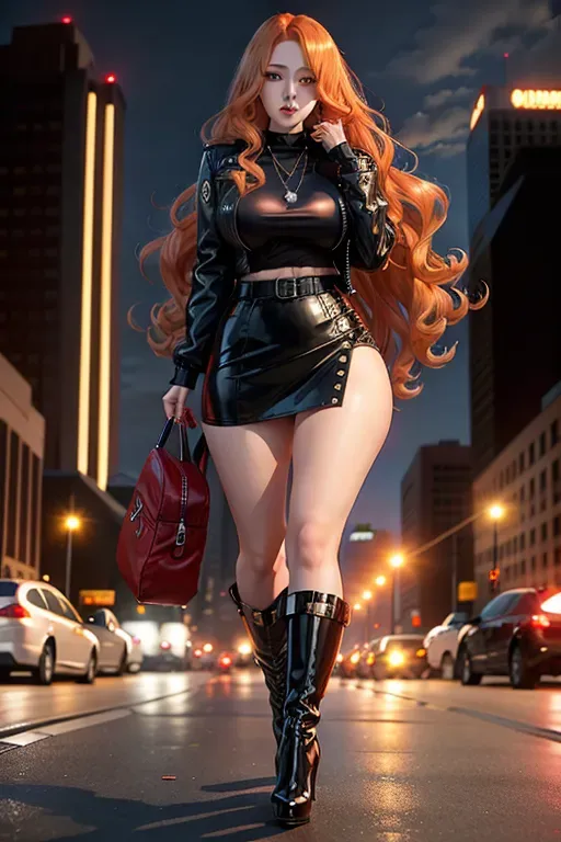 full body, strawberry blonde hair, hazel eyes, short girl, black miniskirt, black high heel boots, looking at viewer, long hair, pale skin, silver necklace, black shirt, 24 years old, giant breasts, cute face, pov, wavy hair, city environment, Oklahoma City, wide eyes, erotic, skirt tug, red leather jacket, nighttime, black backpack