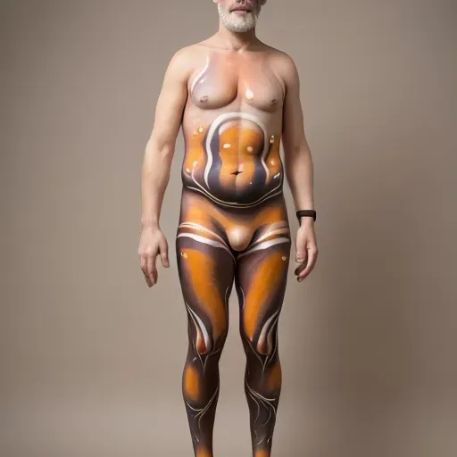 a photo from myself, bodypaint, nude, male, man, 42 years old, body painting, pants, blank background, full body, nude, string tanga, blond hair, person, full body painting, no beard, hair, brown eyes, black hair, body height of 174cm, all over body paint, briefs