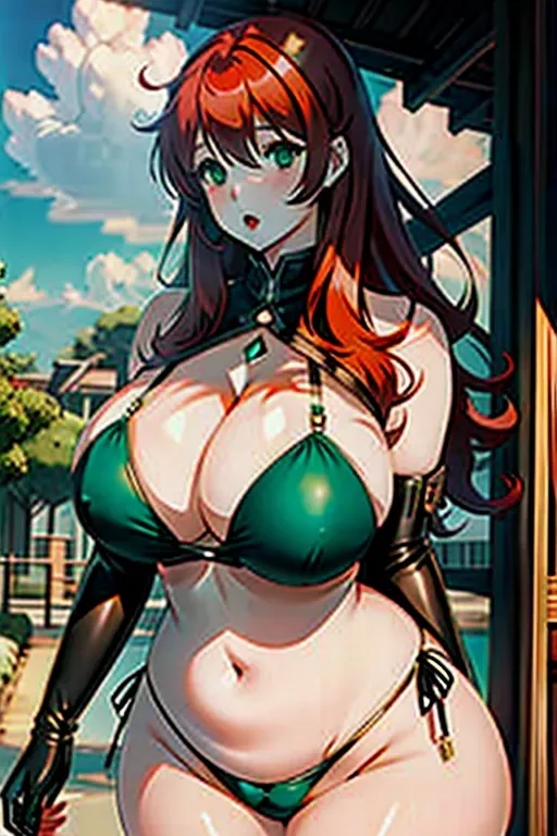 a photo shot of, anime girl, giant breasts, thicc, hourglass, pale, huge boobs, huge milkers, red hair, green eyes, bikini