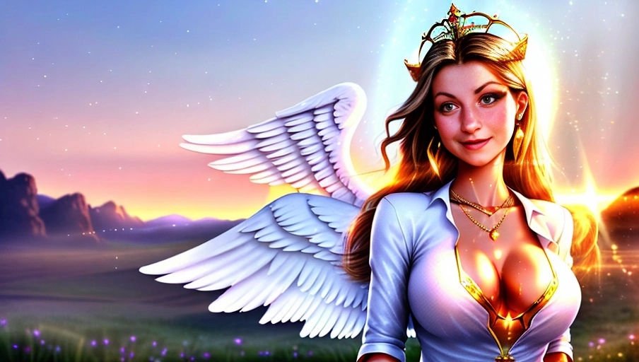 a 64k high detailed photo of body shot of straight Female HDR Professional ((In clothing))) ((Has Attire)) Godly Ultra Detailed Best Quality Most Detailed ((Angel Wings)) Angelic Lighting Love Hope Magic casting Crown Smiling Queen happy Glory Warrior Angels Angelics Positivity Happiness ecstasy enraptured sweaty saving God Royalty Morality Goodness True Good Power Force Authority Ethical Saviour orgasm face Halo short Hair Always and Forever Sentimental in heat hot ultra hot best best lighting tantric Neutral Brilliant Logical Compassionate Perfect Perfection Exciting Integrity Winged Courage Purity Harmony Beauty mark on upper lip ((Female)) Ethereal Lighting Celestial Lighting (((With Clothes))) ((With God Item)) ((God Tech)) with items of power God Wings