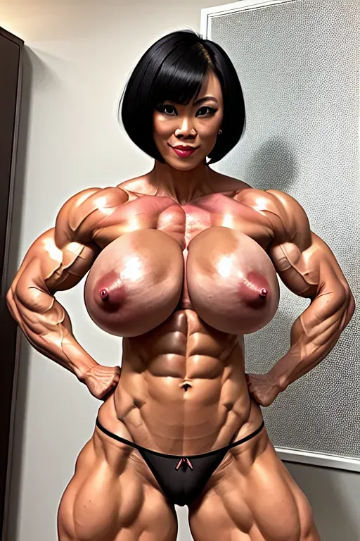 chinese, milf, huge breasts, muscular, abs, big muscles, wearing thong, bug butt, topless, no shirt, no bra, veins, huge muscles, pierced nipples, huge butt, nipple rings, bulging veins, bulging muscles, full breasts, chinese, bobcut hair, black hair, pubic hair, feet