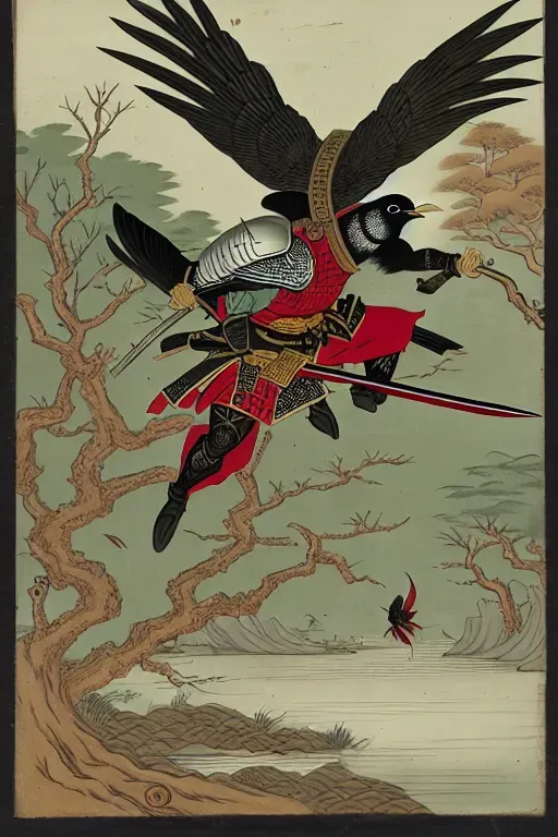 Veeries (a type of bird) wearing samurai armor and holding a samurai sword with blood on it while flying above a river With trees on land