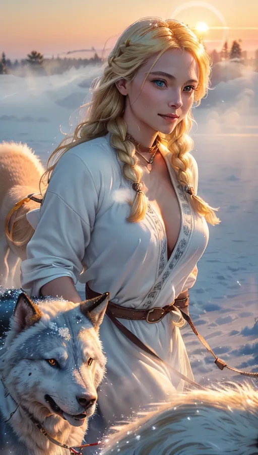 A digital photograph of, professional photograph, (close-up face:1.4), the beautiful Norse goddess Freyja is walking (((Fenrir with a leash))) in the wild during the early spring at (sunrise:1.6), ((very long blonde intricate braided hair flowing in the wind)), (opened thick fur coat revealing her nude body), (large happy smile), ((beautiful glowing blue eyes)), highly detailed, (divine glowing aura:1.4), perfect face, beautiful lips, ((perfect breast)), (breath mist:1.8), ((golden colours coming from sunrise)), (cinematic lighting), ((cinematic composition)), (((melting snow))), soft atmosphere, UHD, HDR, vivid colours, bokeh, (highest quality:1.8), highest resolution, (photorealist:1.72), (photorealism:1.72), (masterpiece:1.18), --s 250 --v 5.2