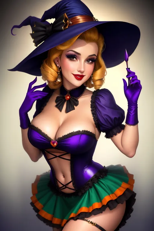 Full color, Halloween, gorgeous witch, cauldron, warm sexually welcoming smile, closeup, 1940s style pinup hairstyle and makeup, looking into the camera lens, (deep plunge sweetheart style neckline)(revealing navel), cleavage, miniskirt, sexually aroused, Halloween decorations, sexually excited, ((curtsying))((showing pussy)),trimmed pubic hair, stiletto heels,