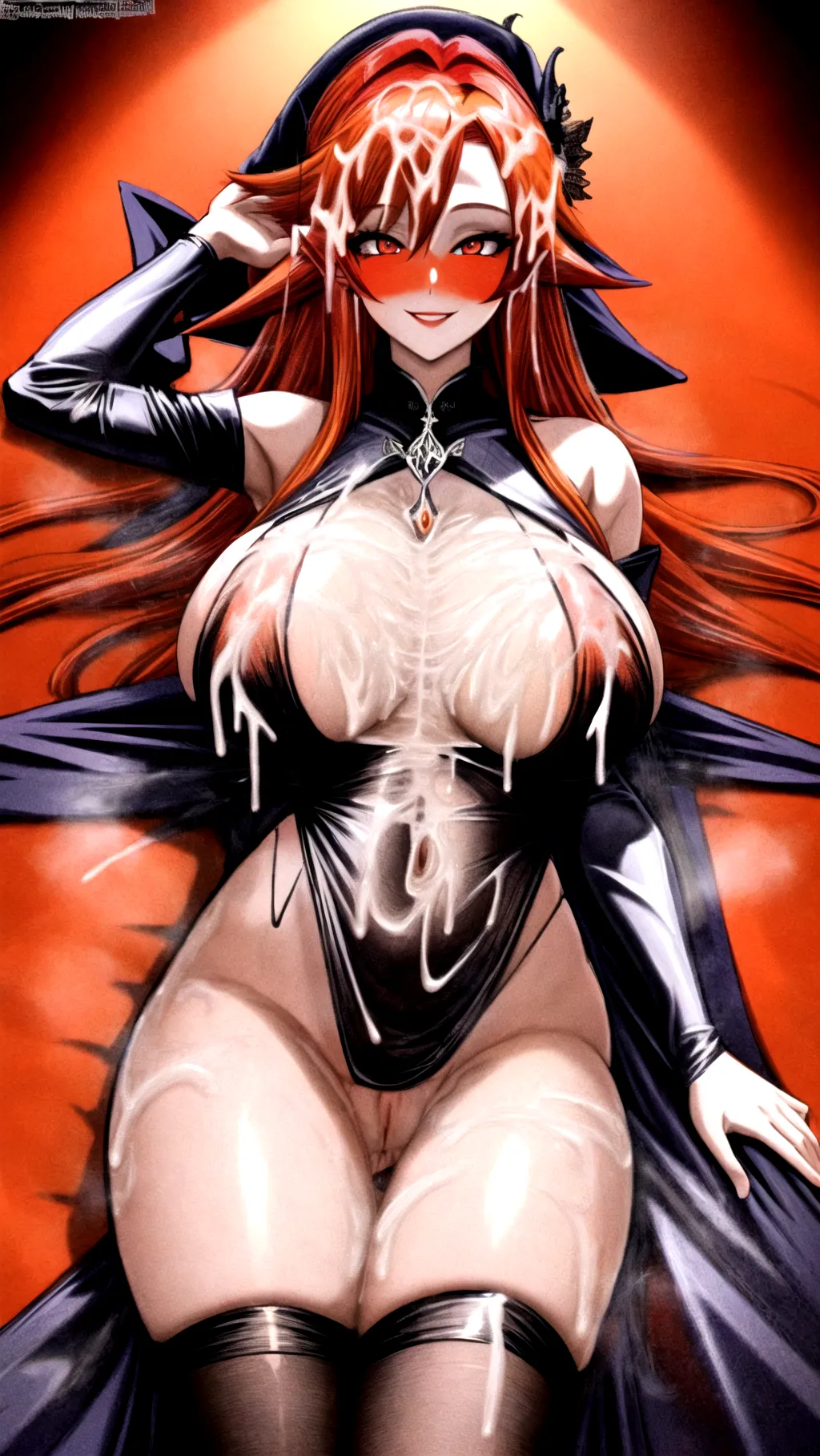 Masterpiece, 8K resolution, beautiful, hyper details,
a sexy witch with extremely large boobs laying on her back covered in cum, red hair, orange hair, perfect hair,bedroom background, smiling, happy, <lora:bukkake:2>, cum on face, cum on boobs, <lora:dpmg_add_detail:1.5>, cum leaking out of pussy, bright eyes, glowing neon pink eyes, extreme eye detail <lora:red_tint_cheeks:1.5>, hyper feminine, extreme face details,