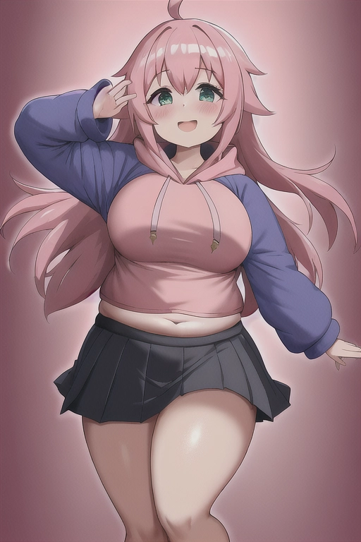 uhd, best quality, 1girl, bright pink hoodie, navy blue pleated skirt, pink hair, chubby, fat, bloated belly, at school,
