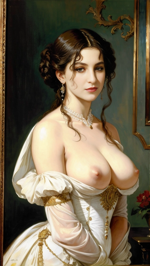 ((painting)),
(accurate face, perfect face,detailed face, beautiful nipples:1.2),
((Henri Gervex artstyle )), 1850 clothes
masterpiece
