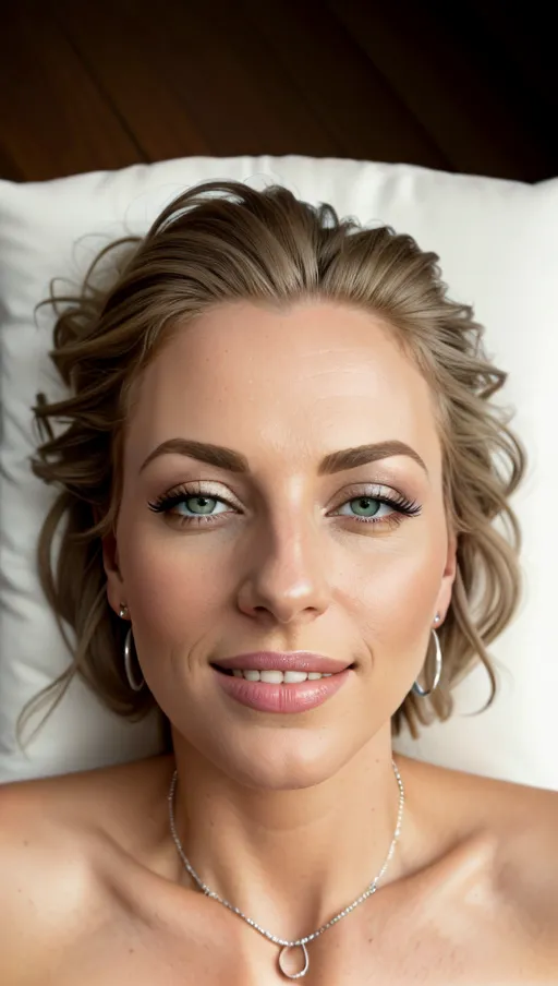 ((very low angle close up front view portrait of a solo czech lady lying on a cosy pillow)), (Back of Hand Support position with Hand cradles back of head), ((accurate facial details)), (beautiful detailed blueish grey eyes), (beautiful detailed natural lips) ,(natural eyebrow), (nice teeth), (natural hair Feathered layers style ),earings, necklace, lingerie, (((8k ultra high resolution photo))),((natural lighting)), <lora:dpmg_tit_fuck:0.4>